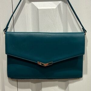 TARA Teal Leather Envelope Clutch – Gold Details, Zip-Off Strap, Evening Bag